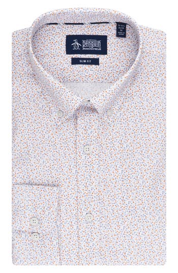 Original Penguin Micro Floral Print Slim Fit Dress Shirt In Tangerine