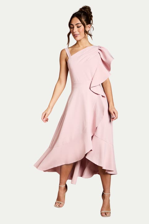 One Shoulder Crepe Ruffle Midi Dress