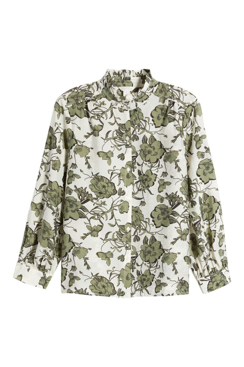 Ruffle Button-Up Shirt, Alternate, color, IVORY- GREEN SMALL FLORAL
