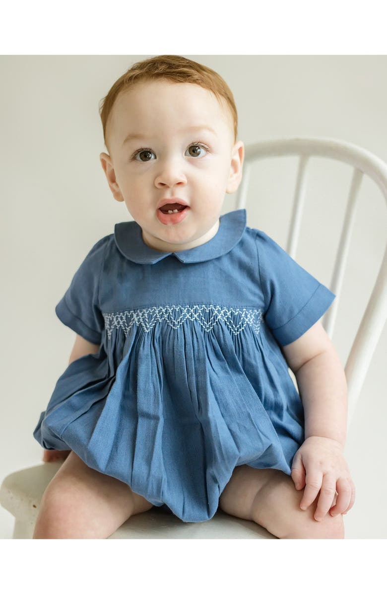 Cuclie Oliver Linen Smocked Bubble Romper, Alternate, color, Blue
