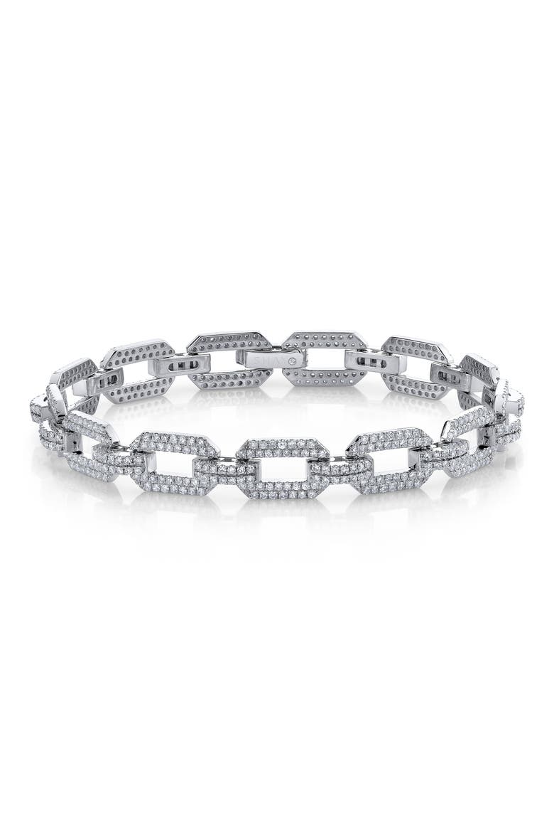 Diamond &18K Gold Flat Geo Link Bracelet, Main, color, WHITE GOLD