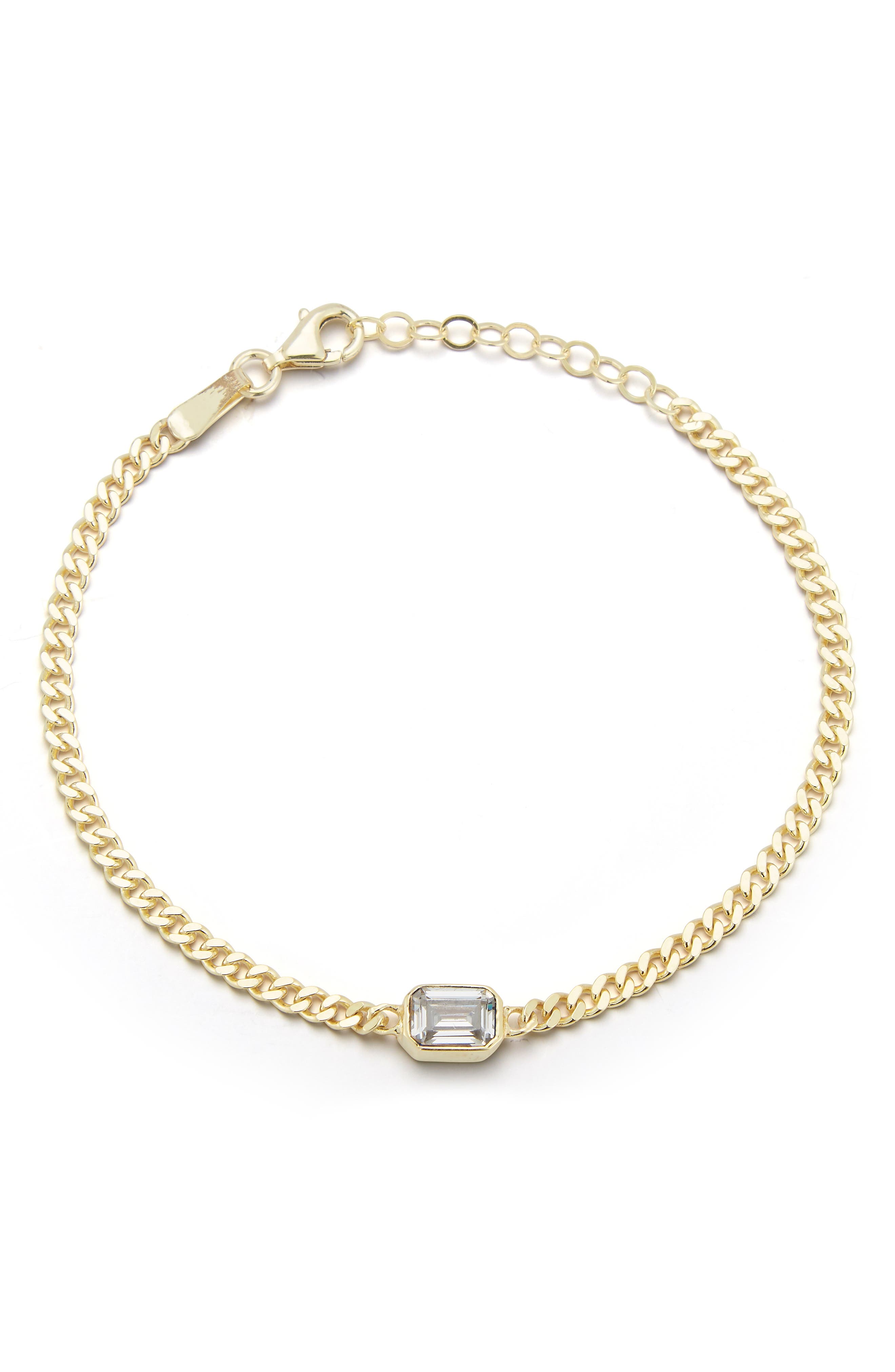 SPHERA MILANO 14K Gold Plated Sterling Silver Emerald Cut CZ Curb Chain Bracelet