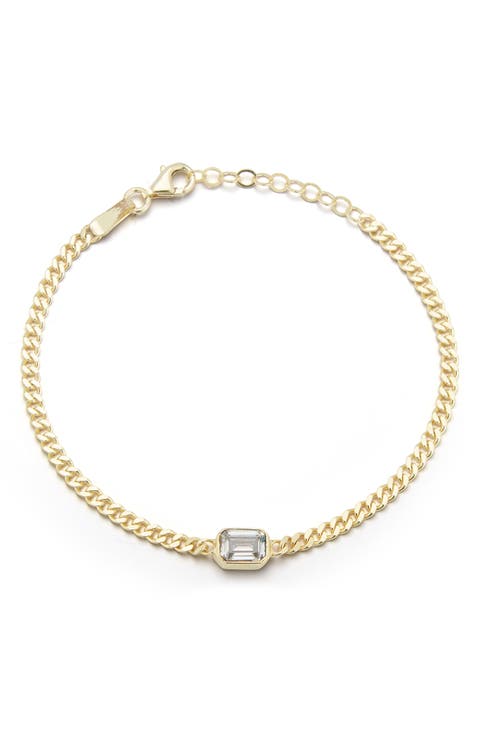 14K Gold Plated Sterling Silver Emerald Cut CZ Curb Chain Bracelet