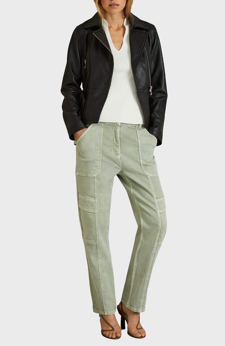 Reiss Febe Belted Leather Moto Jacket, Alternate, color, Black