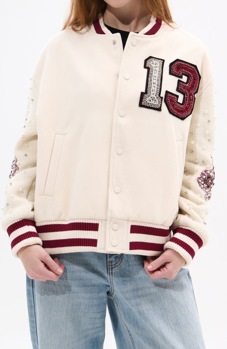 AZALEA WANG Crystal 13 Logo Bomber Jacket, Main, color, Cream Multi