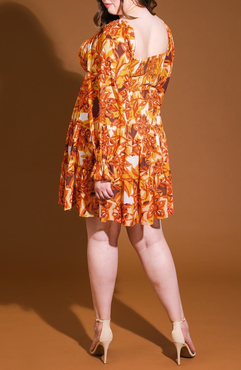 FLYING TOMATO Smocked Printed Long Sleeve Minidress, Alternate, color, Rust