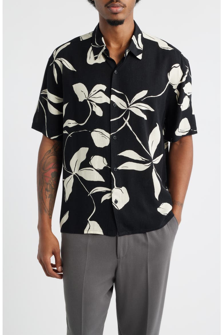 Slub Rayon Short Sleeve Button-Up Resort Shirt, Main, color, BLACK- IVORY LEAFY MODERN