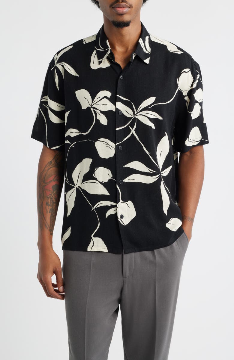 Open Edit Slub Rayon Short Sleeve Button-Up Resort Shirt, Main, color, Black- Ivory Leafy Modern