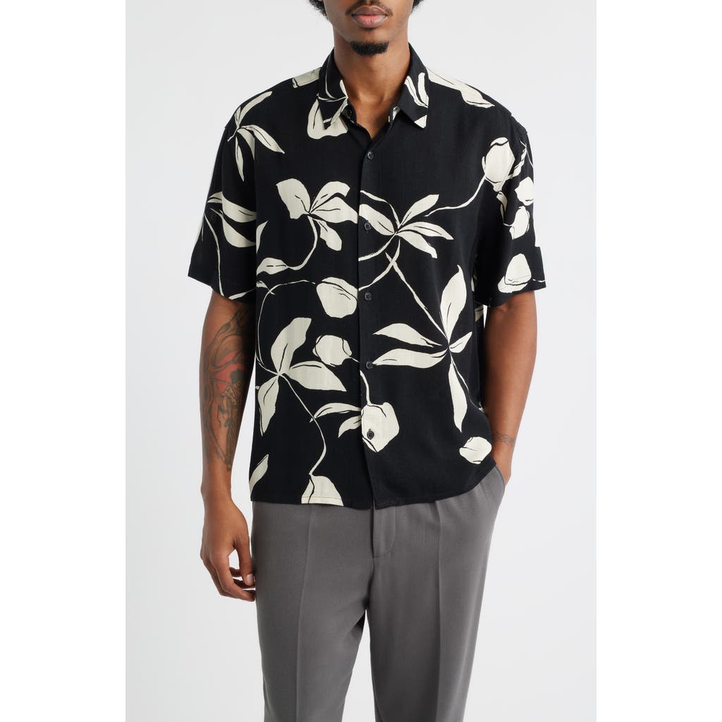 Open Edit Slub Rayon Short Sleeve Button-up Resort Shirt In Black