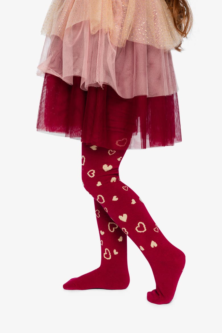 Heart Detail Ribbed Waistband Knit Tights, Alternate, color, Rouge