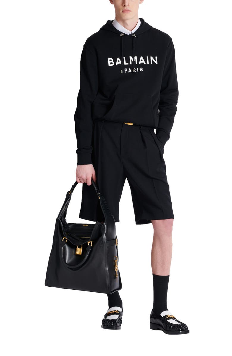 Balmain Printed cotton hoodie, Alternate, color, Black