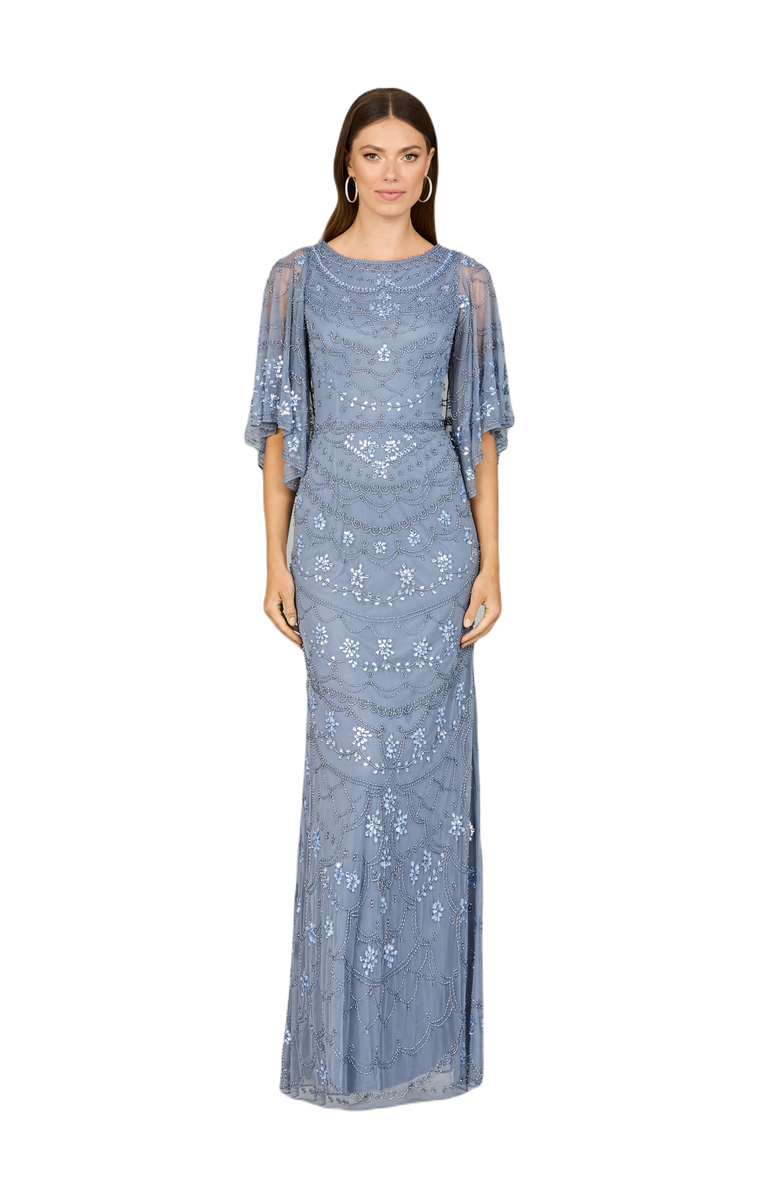 LARA New York High Neck, Cape Sleeve Beaded Gown, Main, color, Dustyperiwinkle