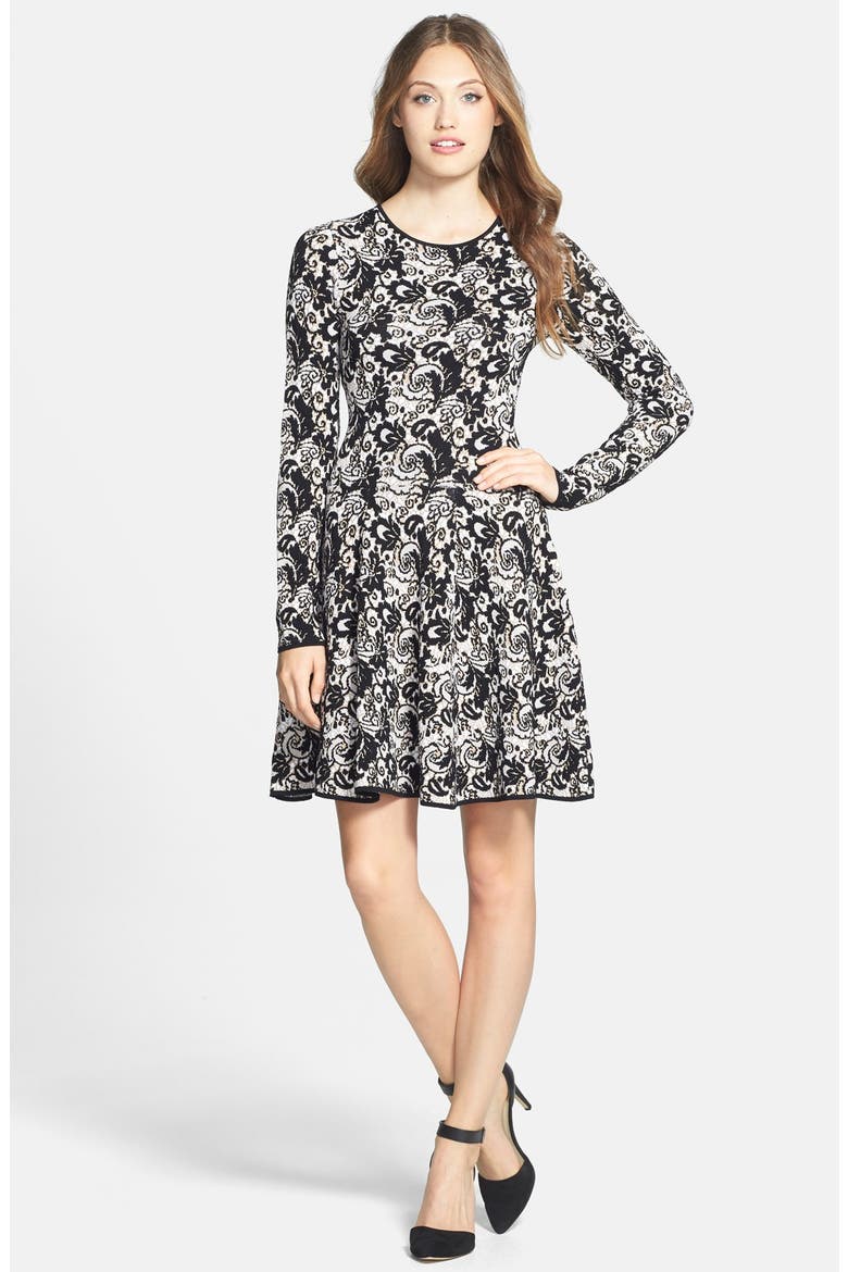 Fit & Flare Sweater Dress (Nordstrom Exclusive), Alternate, color, BLACK/ GOLD
