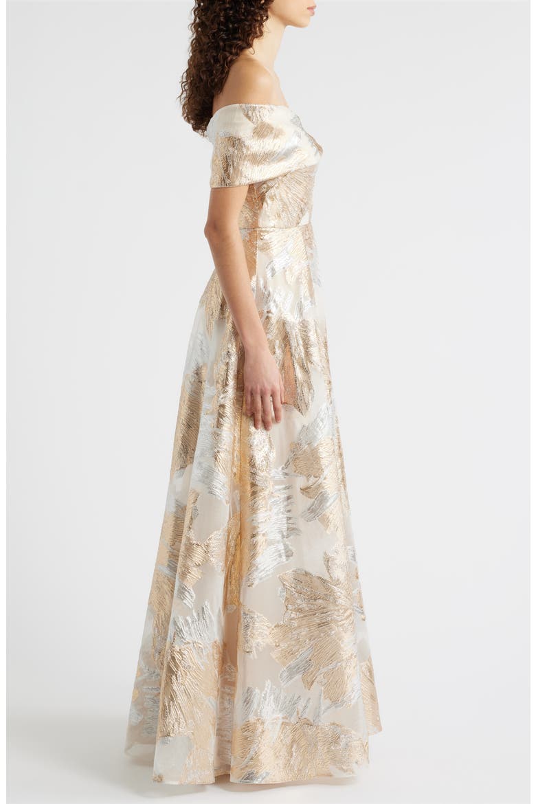 One-Shoulder Metallic Jacquard Gown, Alternate, color, CHAMPAGNE