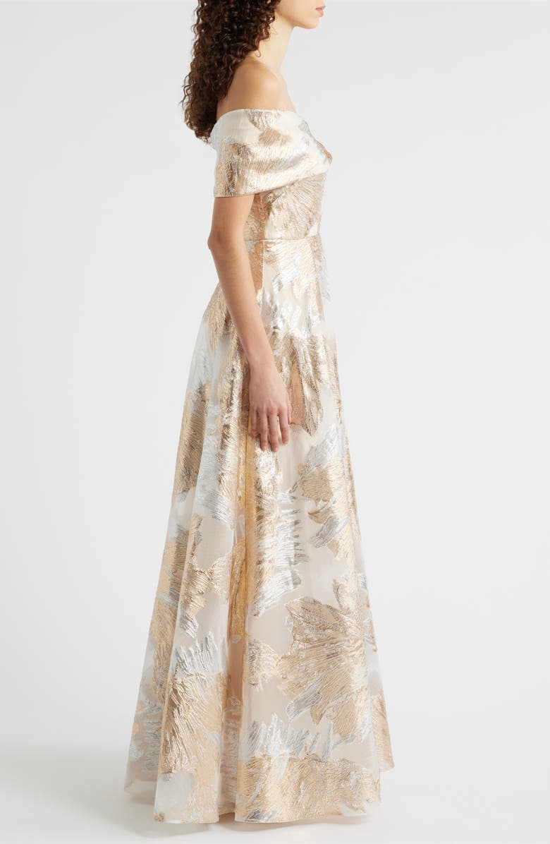Eliza J One-Shoulder Metallic Jacquard Gown, Alternate, color, Champagne