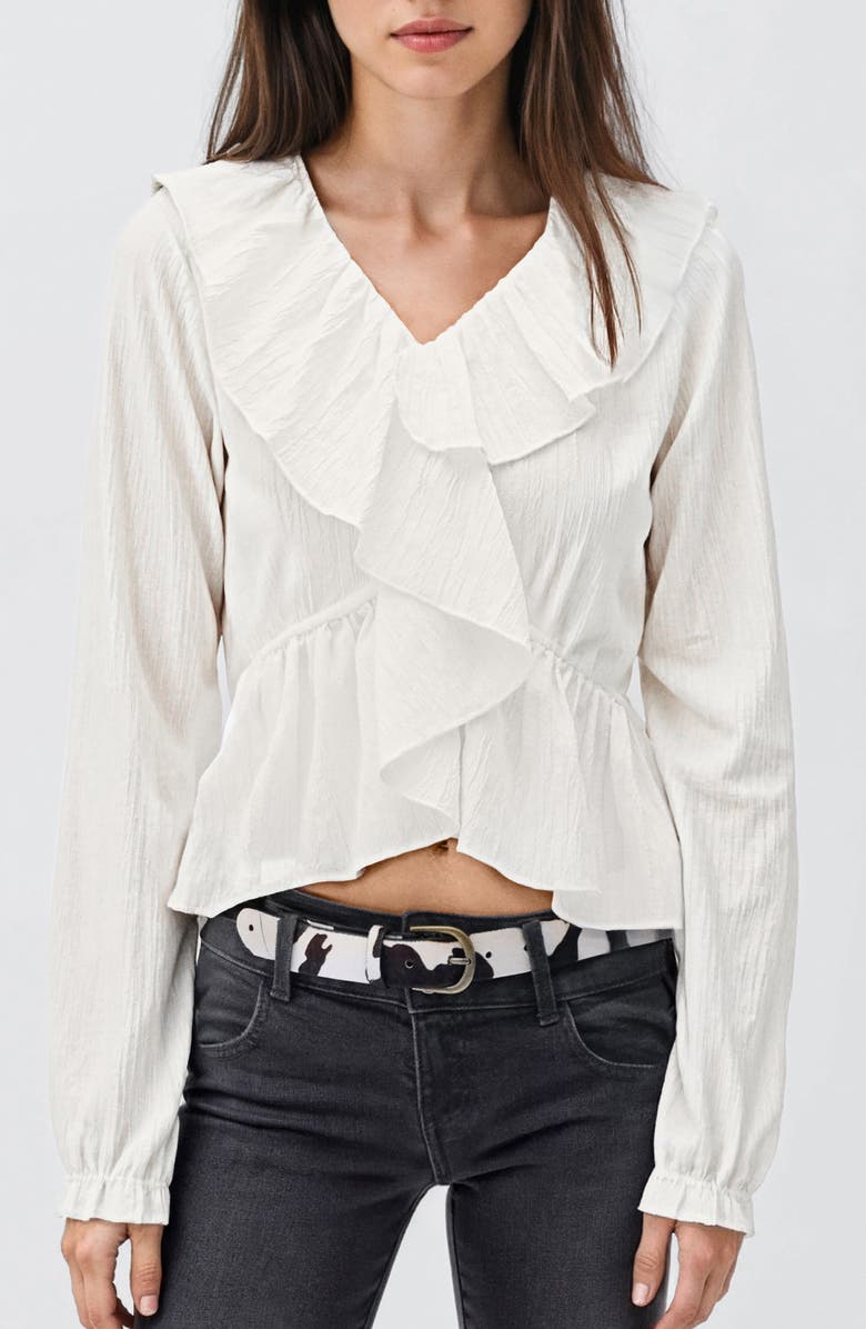 MANGO TEEN Ruffled Faux Wrap Top, Main, color, Off White