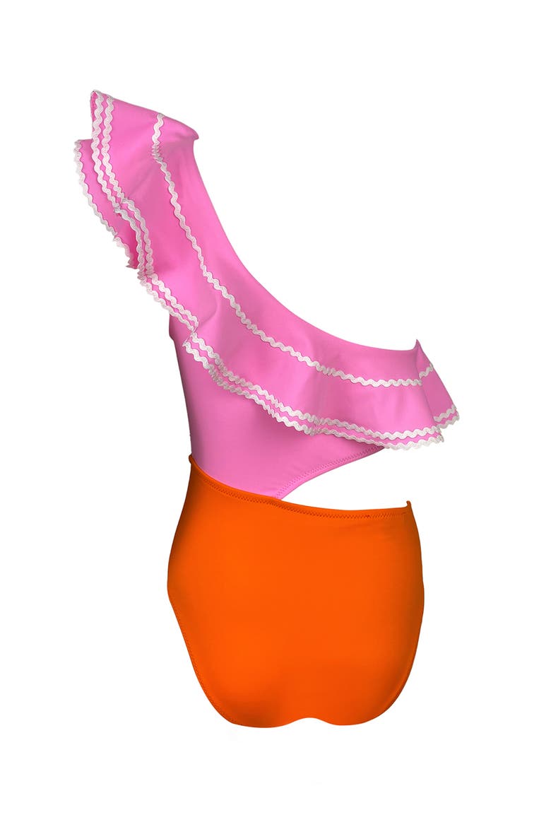 Kids' One Shoulder Cut-Out Ruffle One-Piece Swimsuit, Alternate, color, Pink-Orange