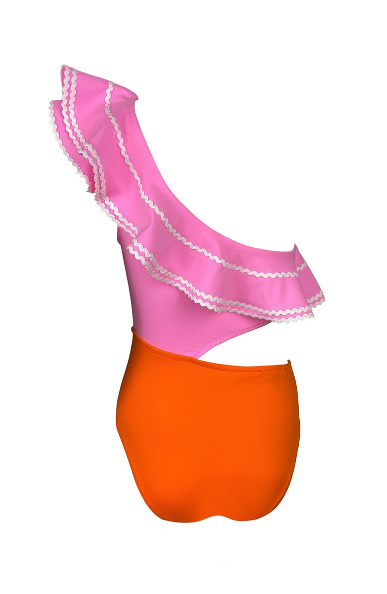 NESSI BYRD Kids' One Shoulder Cut-Out Ruffle One-Piece Swimsuit, Alternate, color, Pink-Orange
