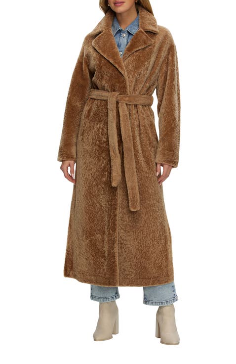 Reversible Textured Genuine Shearling Coat with Side Slits, Belt