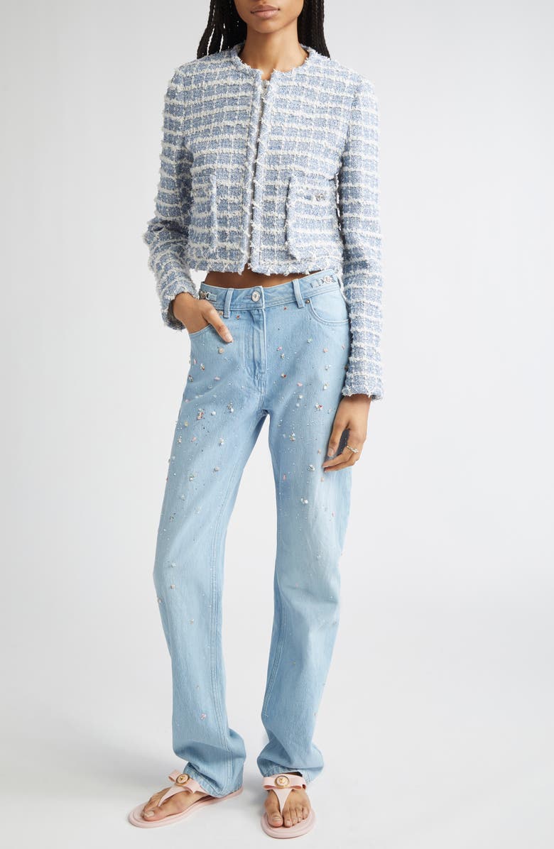 Versace Medusa '95 Windowpane Tweed Crop Jacket, Alternate, color, Light Indigo