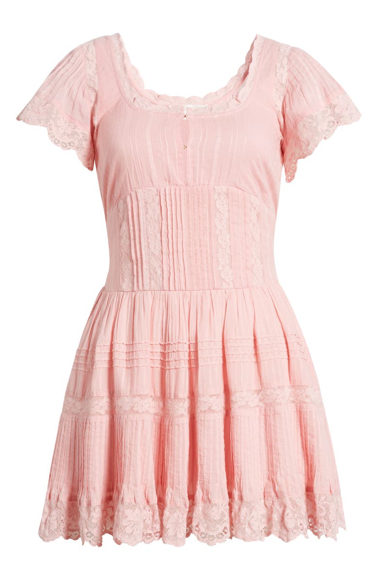 LoveShackFancy Mirelle Pleated Lace Trim Cotton Minidress, Alternate, color, 