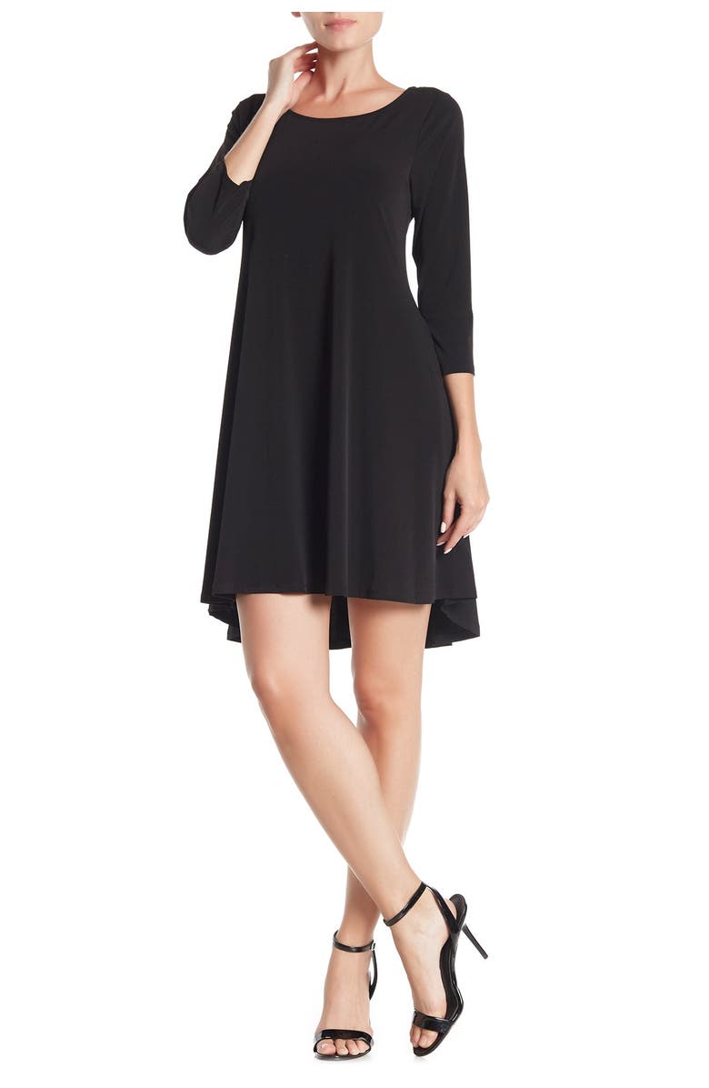 Nina Leonard Three-Quarter Sleeve Stretch Knit Trapeze Dress, Main, color, Black