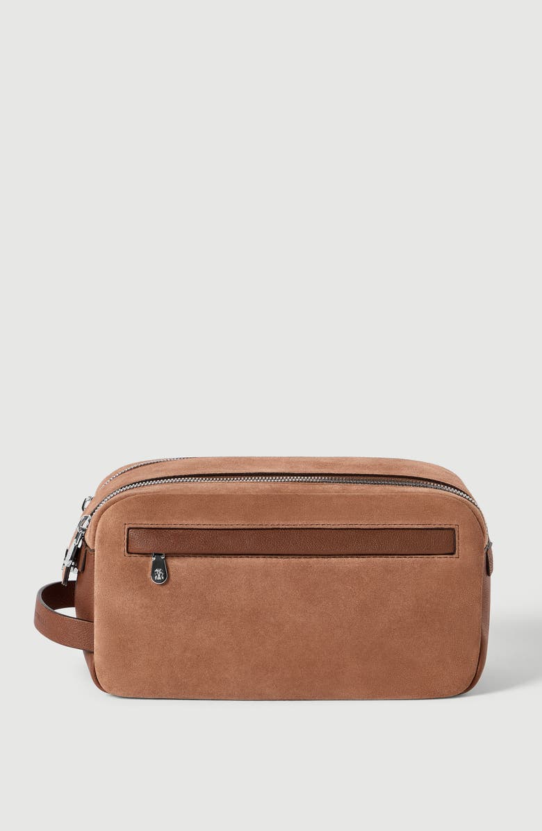 Brunello Cucinelli Suede and buffalo leather beauty case, Alternate, color, Tobacco