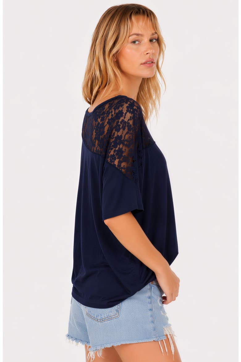 Asymmetrical Lace Drop Shoulder T-Shirt, Alternate, color, NAVY