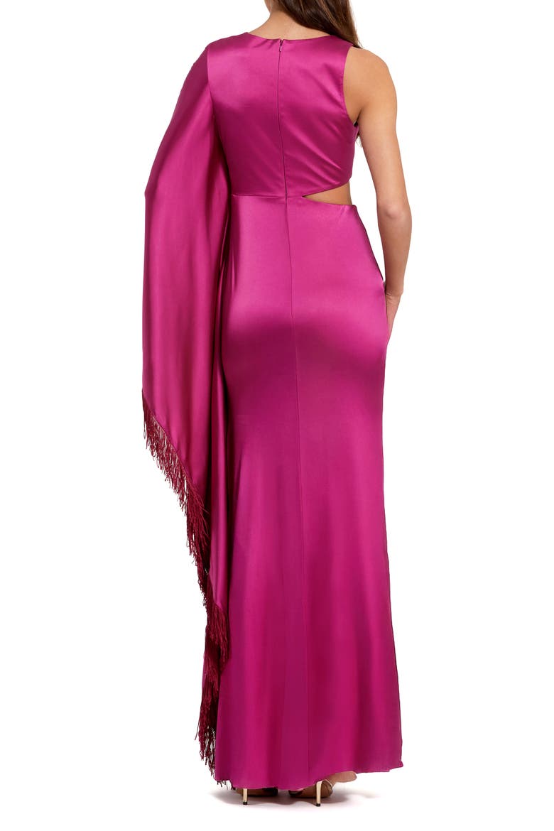 Women's Charmeuse Kaftan Sleeve Assymetrical Fringe Gown, Alternate, color, Magenta
