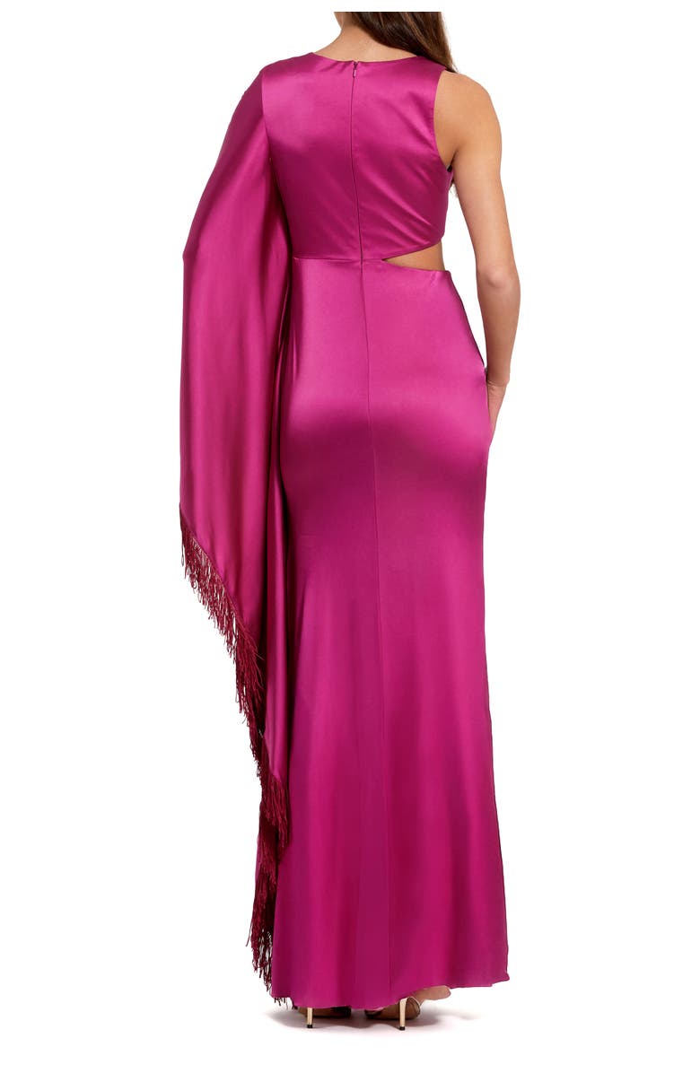 Mac Duggal Women's Charmeuse Kaftan Sleeve Assymetrical Fringe Gown, Alternate, color, Magenta