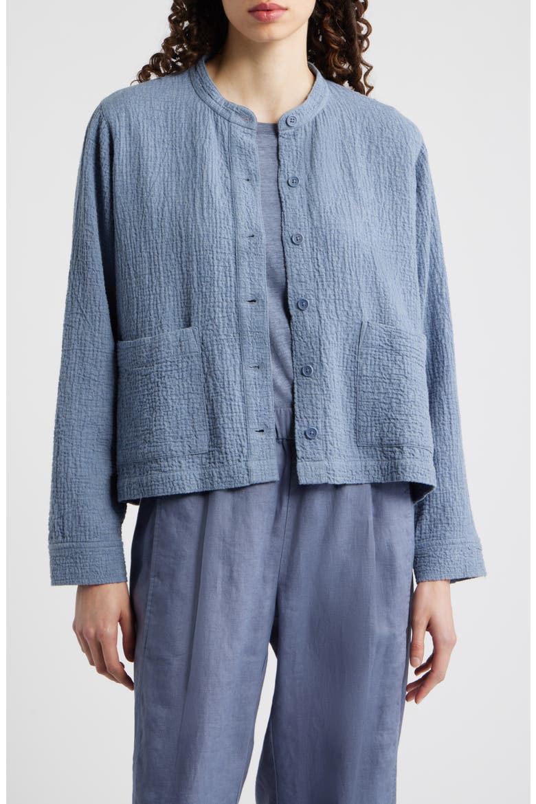 Mandarin Textured Stretch Organic Cotton Shirt Jacket, Main, color, HAZE
