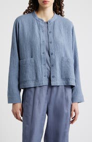 Eileen Fisher Mandarin Textured Stretch Organic Cotton Shirt Jacket