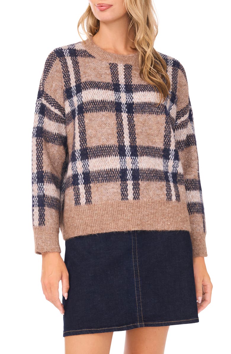 Vince Camuto Plaid Jacquard Sweater, Main, color, Walnut Heather