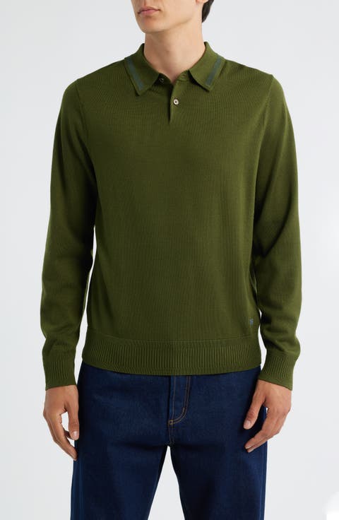 Long Sleeve Tipped Wool Polo Sweater