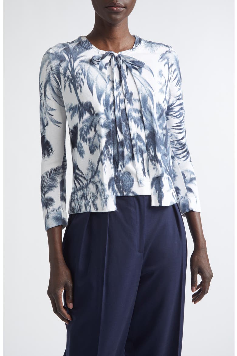 Print Palm Leaf Cotton Blend Cardigan, Main, color, NAVY/ WHITE