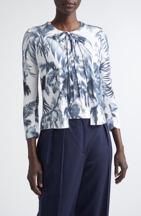 Print Palm Leaf Cotton Blend Cardigan