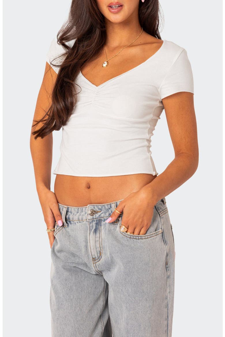 Ruched V-Neck Crop Top, Alternate, color, WHITE