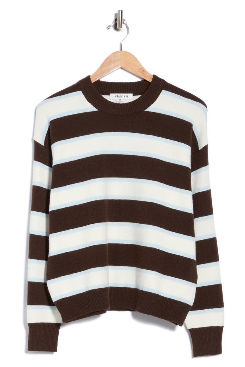 Striped Crewneck Sweater, Alternate, color, DARK CHOC COMBO