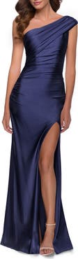 La Femme One Shoulder Shiny Ruched Jersey Dress with Slit