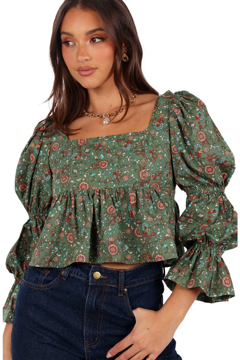 Kenny Bubble Sleeve Crop Top, Alternate, color, GREEN PAISLEY FLORAL