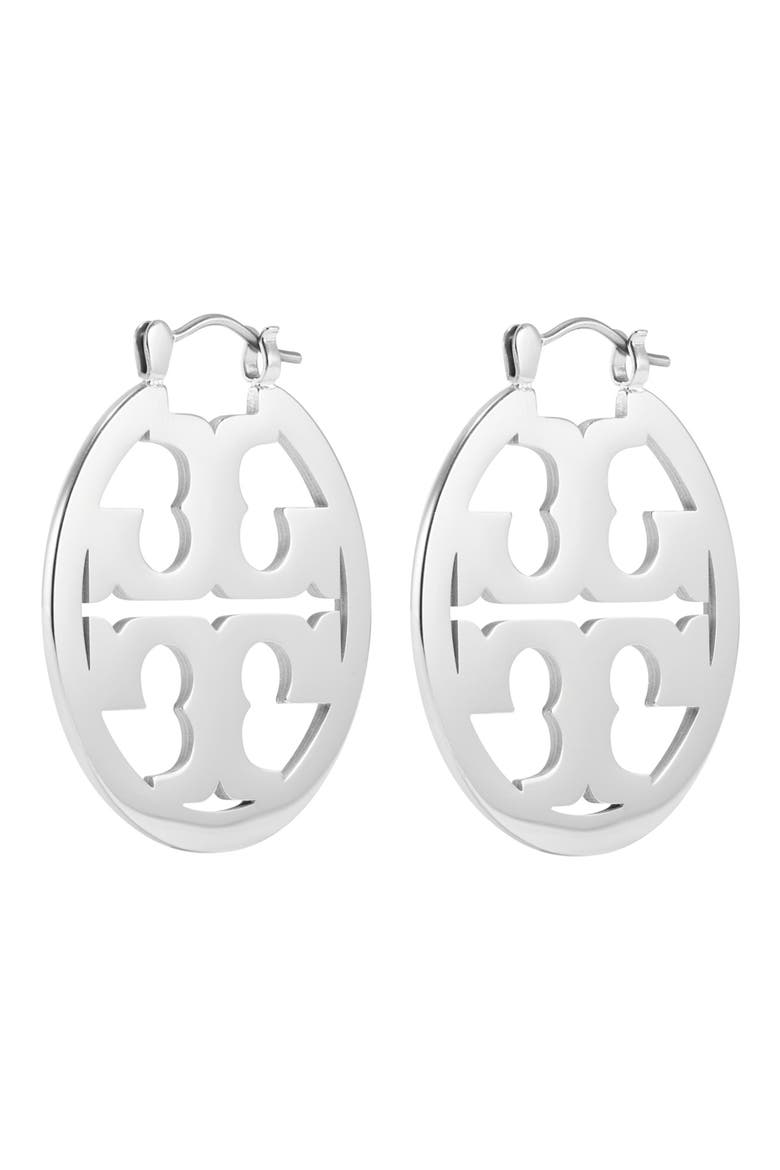 Small Icon Hoop Earrings, Alternate, color, TORY SILVER