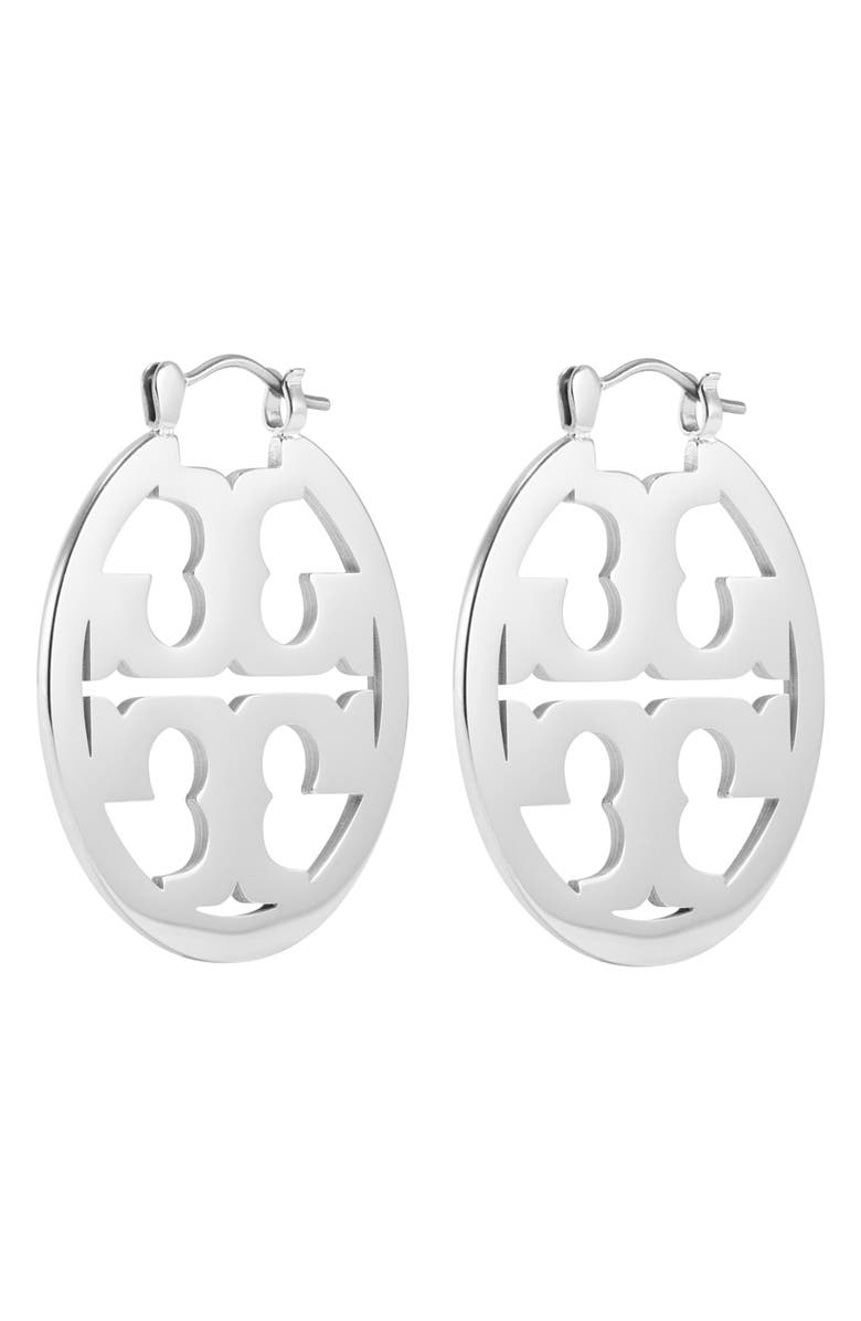 Tory Burch Small Icon Hoop Earrings, Alternate, color, Tory Silver