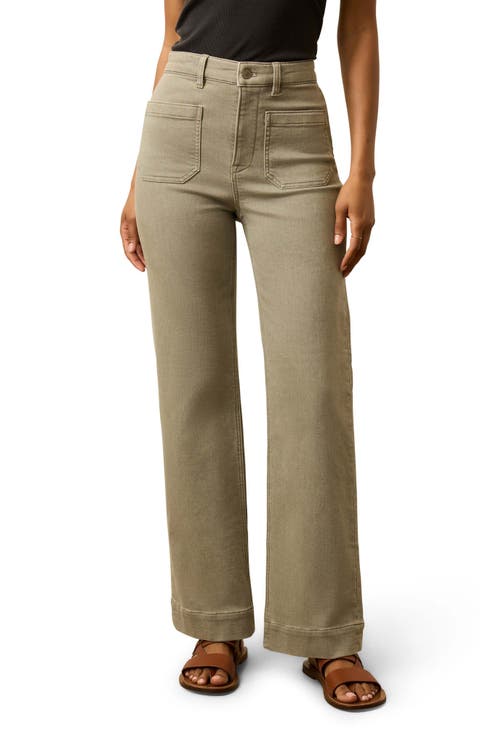 Patch Pocket High Waist Wide Leg Stretch Terry Pants