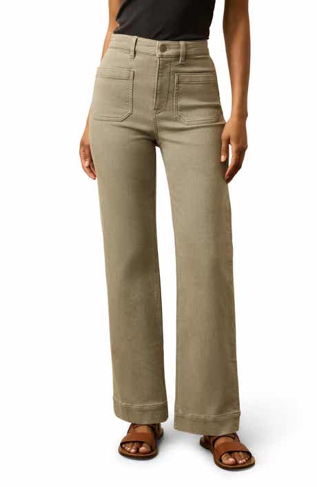 Patch Pocket High Waist Wide Leg Stretch Terry Pants
