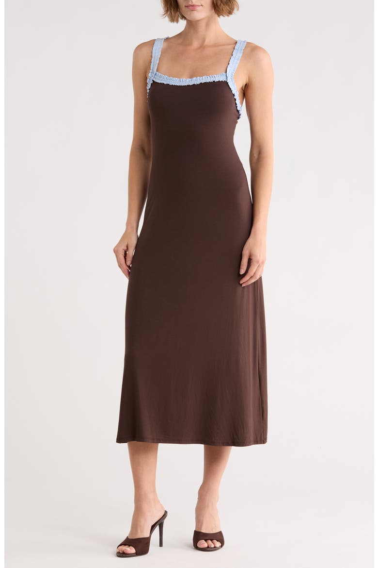 Ruffle Trim Midi Dress, Main, color, BROWN/ BLUE