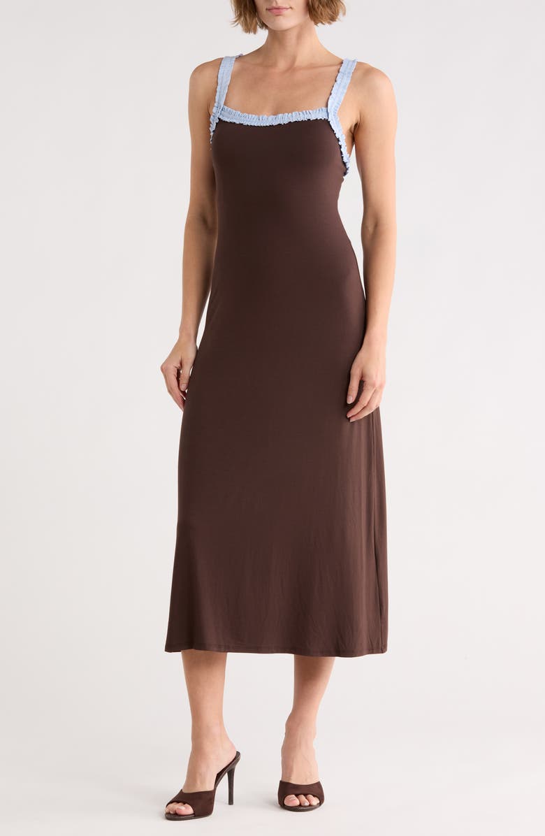 WEST K Ruffle Trim Midi Dress, Main, color, Brown/ Blue