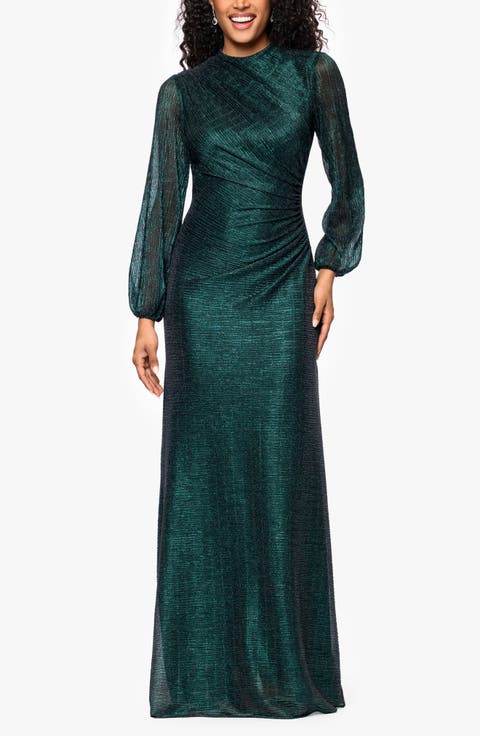 Metallic Crinkle Ruched Long Sleeve Trumpet Gown