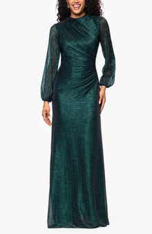 Betsy & Adam Metallic Crinkle Ruched Long Sleeve Trumpet Gown