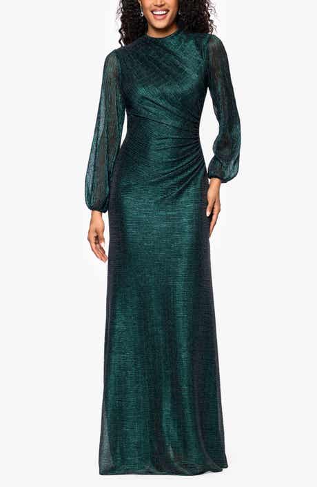 Betsy & Adam Metallic Crinkle Ruched Long Sleeve Trumpet Gown