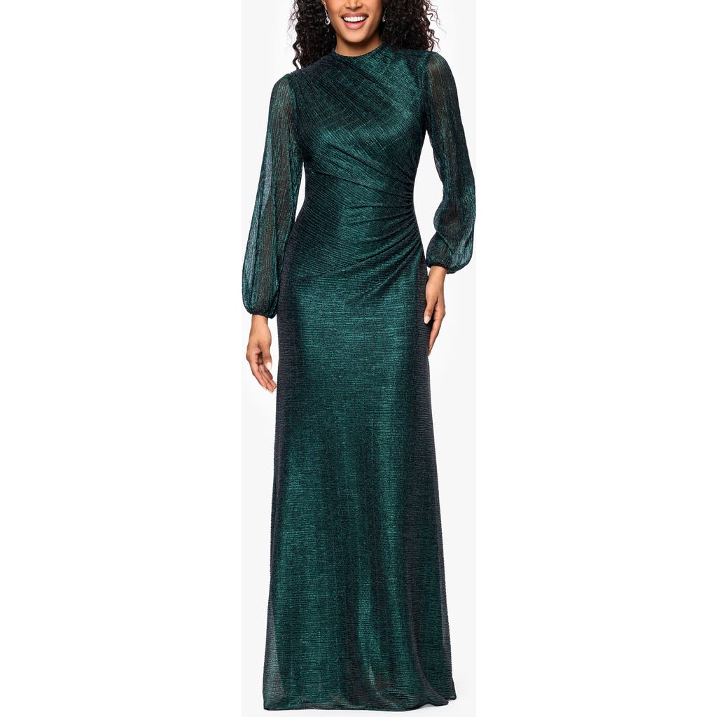 Betsy & Adam Metallic Crinkle Ruched Long Sleeve Trumpet Gown In Green